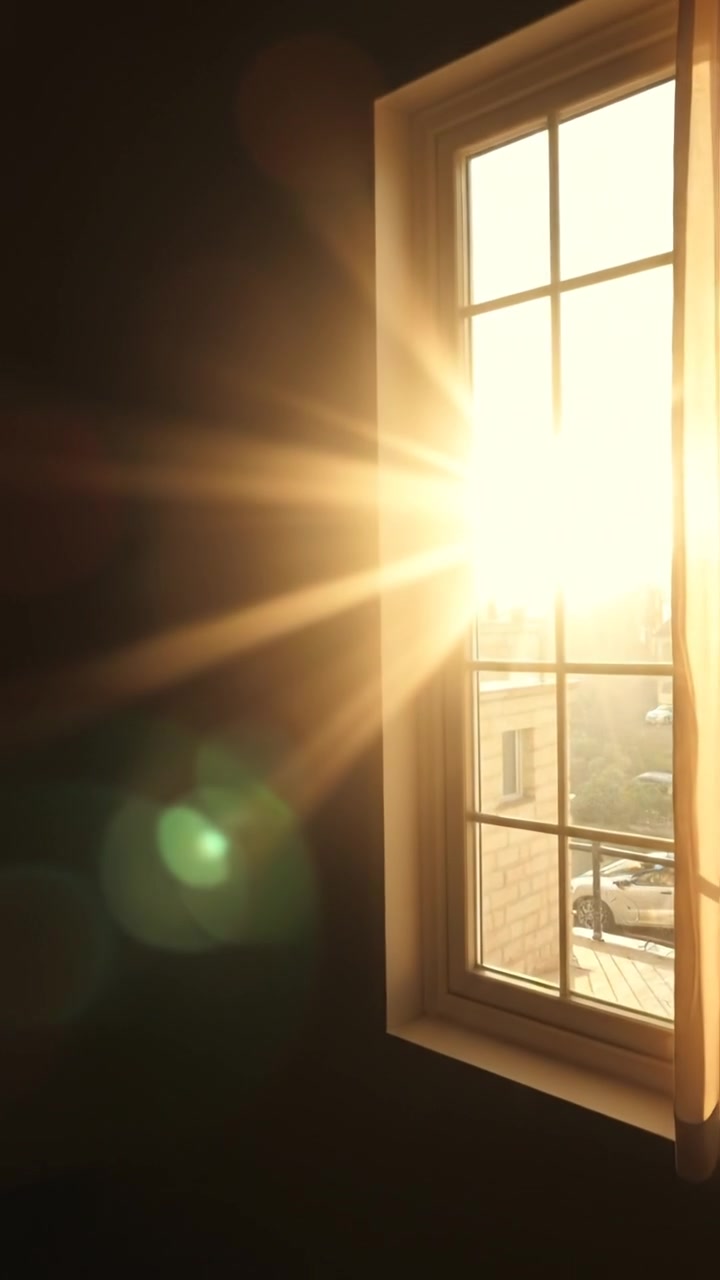 A bright morning scene with sunlight streaming through a window, casting warm, natural light and soft shadows across a cozy room. The camera smoothly glides inside, capturing high-detail textures and creating an inviting atmosphere. The background features gentle morning sounds of birds and distant city life.