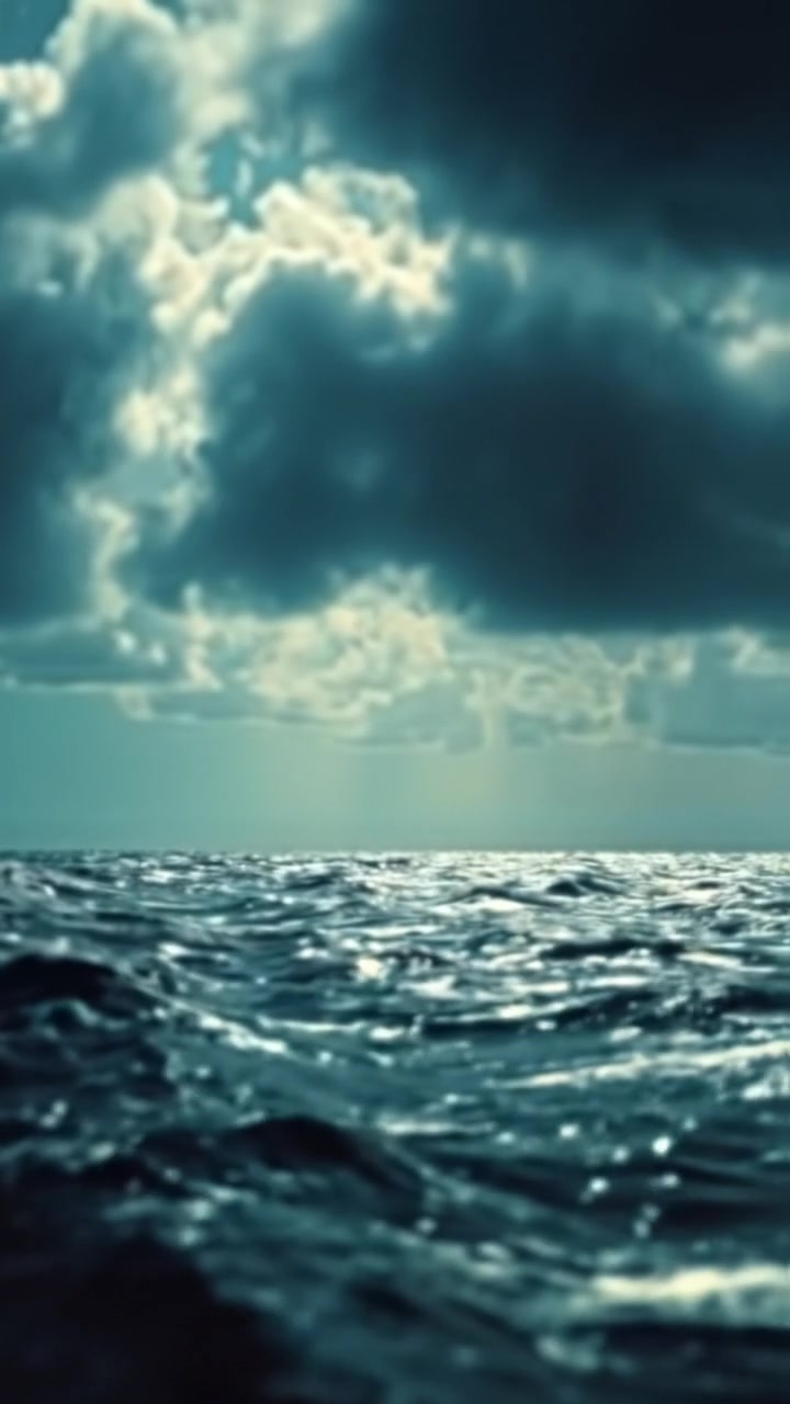A vast, turbulent ocean under a bright sky, with dark clouds gathering overhead, captured in high detail with natural lighting and soft shadows. A slow aerial camera movement emphasizes the expansive scene, evoking a dramatic mood. The background audio features roaring ocean waves in the background.