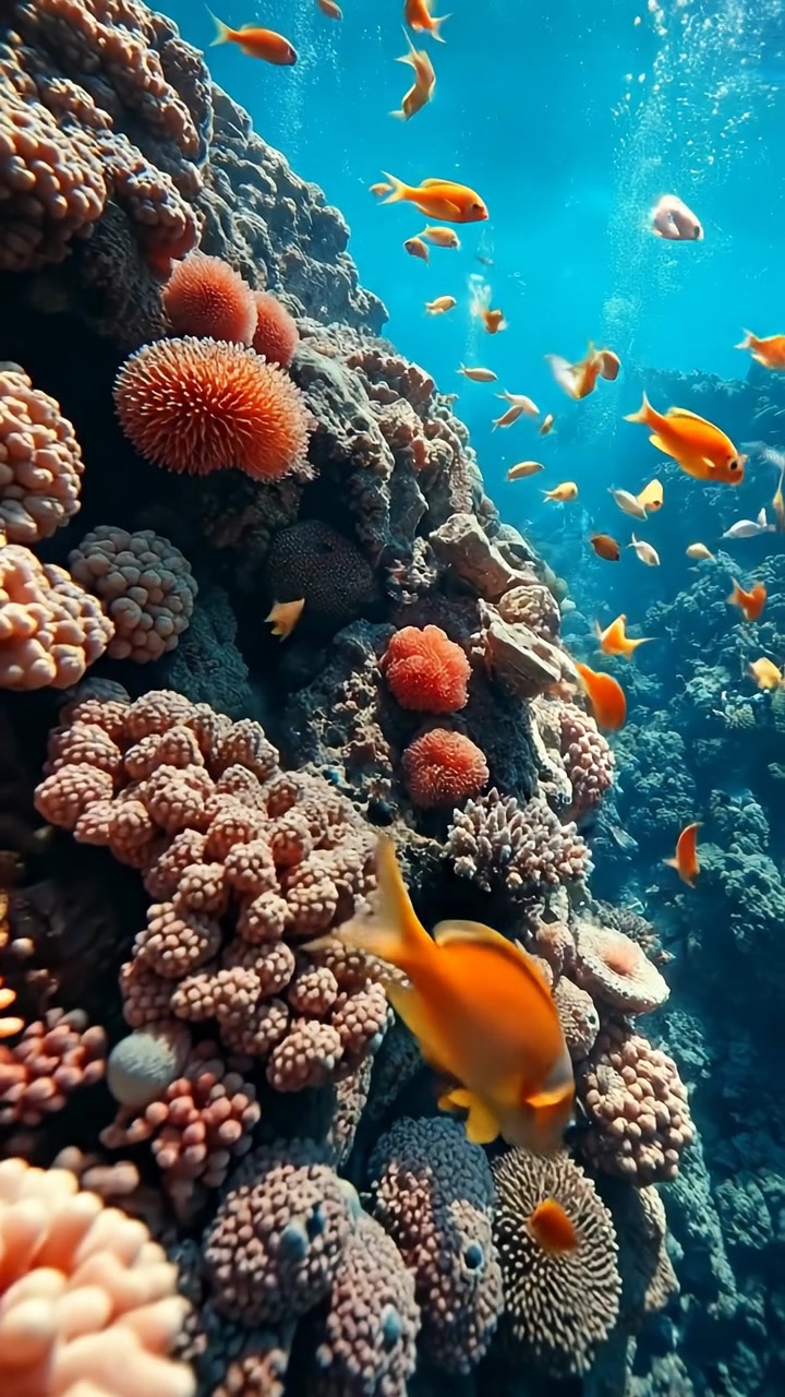Close-up of a vibrant coral reef teeming with marine life, featuring colorful corals and diverse fish, bathed in warm, natural sunlight with high detail and soft shadows. A gentle camera glide captures the scene, accompanied by ambient underwater sounds of bubbling and water currents.