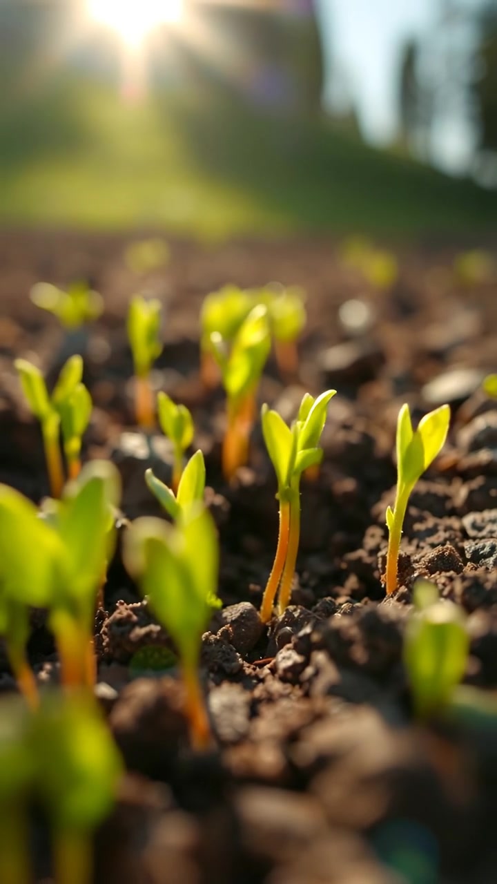 Close-up of vibrant green sprouts breaking through rich soil on a bright sunny day, illuminated by natural sunlight with soft shadows, emphasizing high detail and smooth camera focus, creating an uplifting atmosphere. The audio features gentle bird songs in the background.