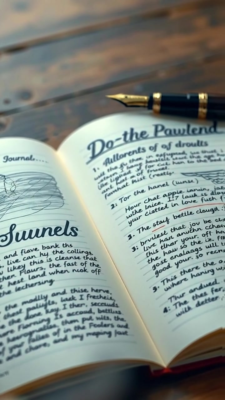 An open journal filled with handwritten notes and sketches, captured in natural, soft lighting with high detail and smooth camera movement that gently pans across the pages, set against a warm, inviting background. The audio features soft rustling of paper and ambient quiet.