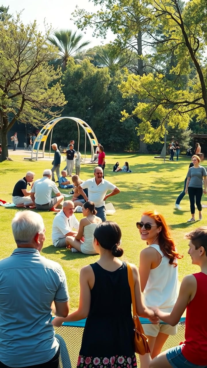 A vibrant park scene with families and friends enjoying a sunny day, playing games and having picnics. Natural lighting highlights lush green trees and colorful picnic blankets, with smooth camera movements capturing joyful interactions and wide-angle shots of the cheerful environment. The audio features ambient park sounds and children’s laughter.
