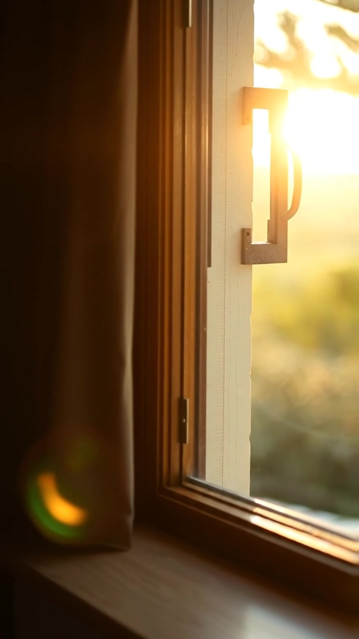 A close-up of an open window with sunlight pouring in, illuminating the warm interior. Natural lighting creates soft shadows and highlights the textures of the window frame. The scene features gentle camera movement to emphasize the sunlight's flow. The background sound includes the gentle sounds of birds chirping.
