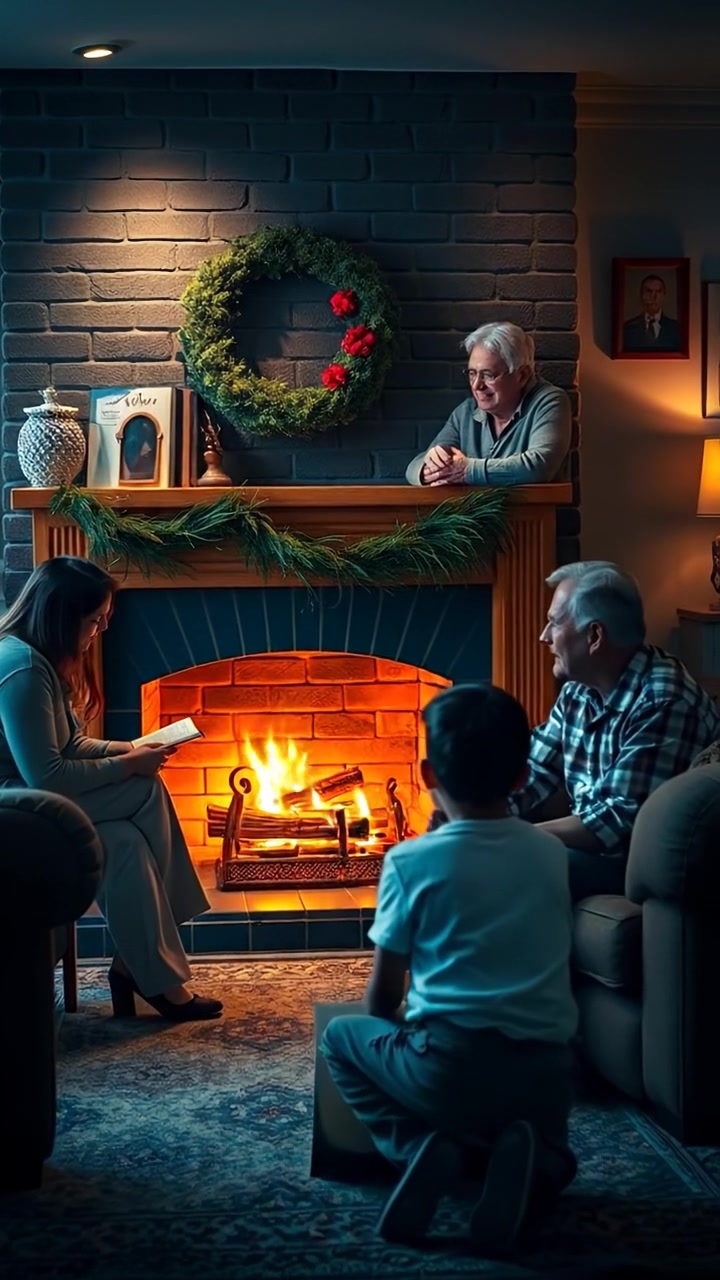 A cozy living room scene with a family gathered around a crackling fireplace, illuminated by warm, soft lighting, with detailed textures on furniture and gentle shadows. The camera slowly dolly-in capturing their expressions, creating a warm, inviting atmosphere. The audio features crackling fire sounds and soft ambient music.