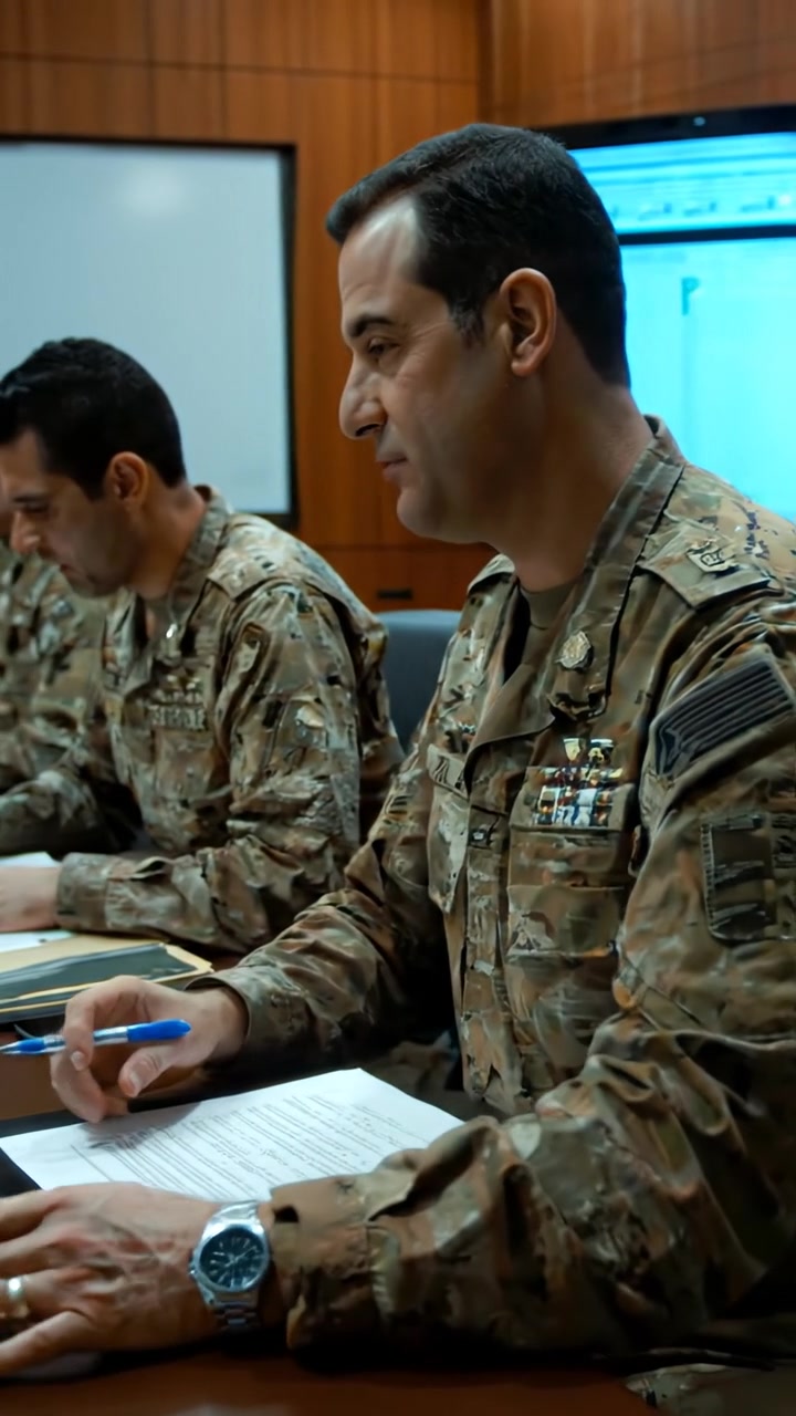 A military conference room filled with Israeli forces strategizing, illuminated by natural light, with high detail and smooth camera movement capturing wide and close-up shots, emphasizing seriousness and focus amid a modern, well-equipped setting. The background features a large map and digital screens. The audio features soft ambient sounds of hushed conversation and subtle electronic beeps.