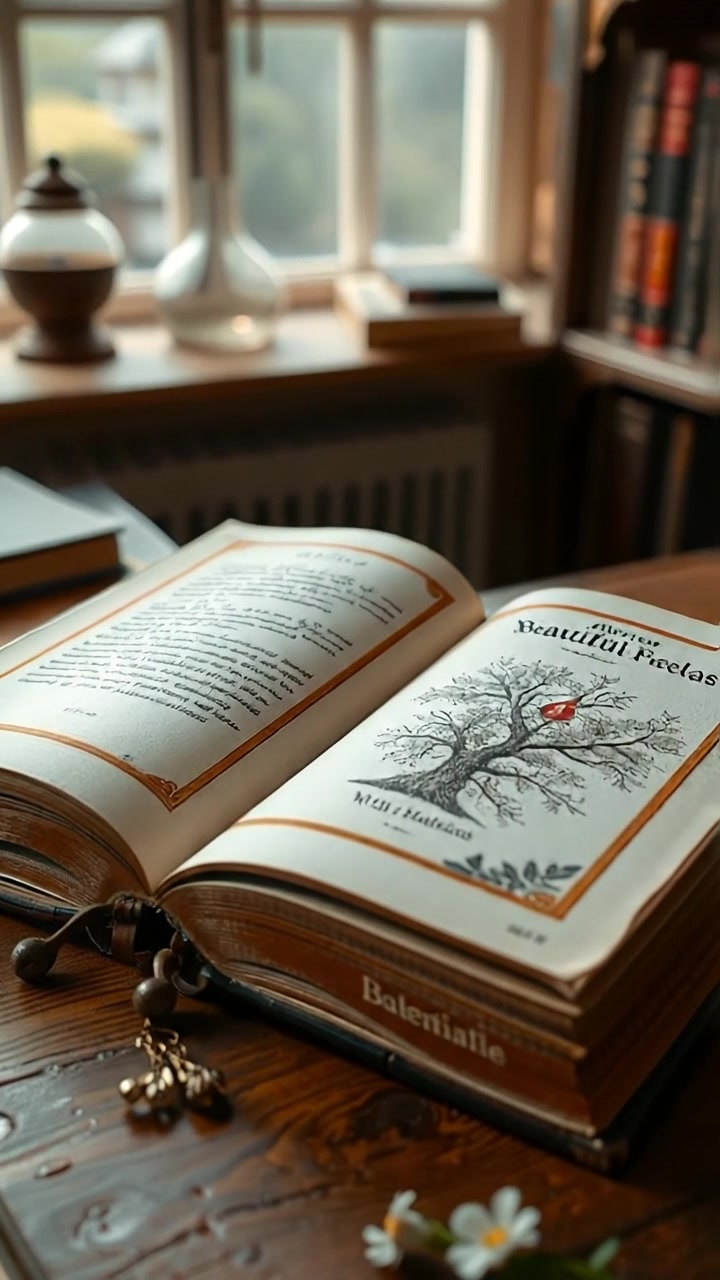 An open, antique book on a wooden table, displaying handwritten wisdom and intricate illustrations, captured with warm natural lighting and high detail. The camera gently zooms in to highlight the artistry. Soft shadows create a cozy ambiance. The audio features subtle ambient bookstore sounds.