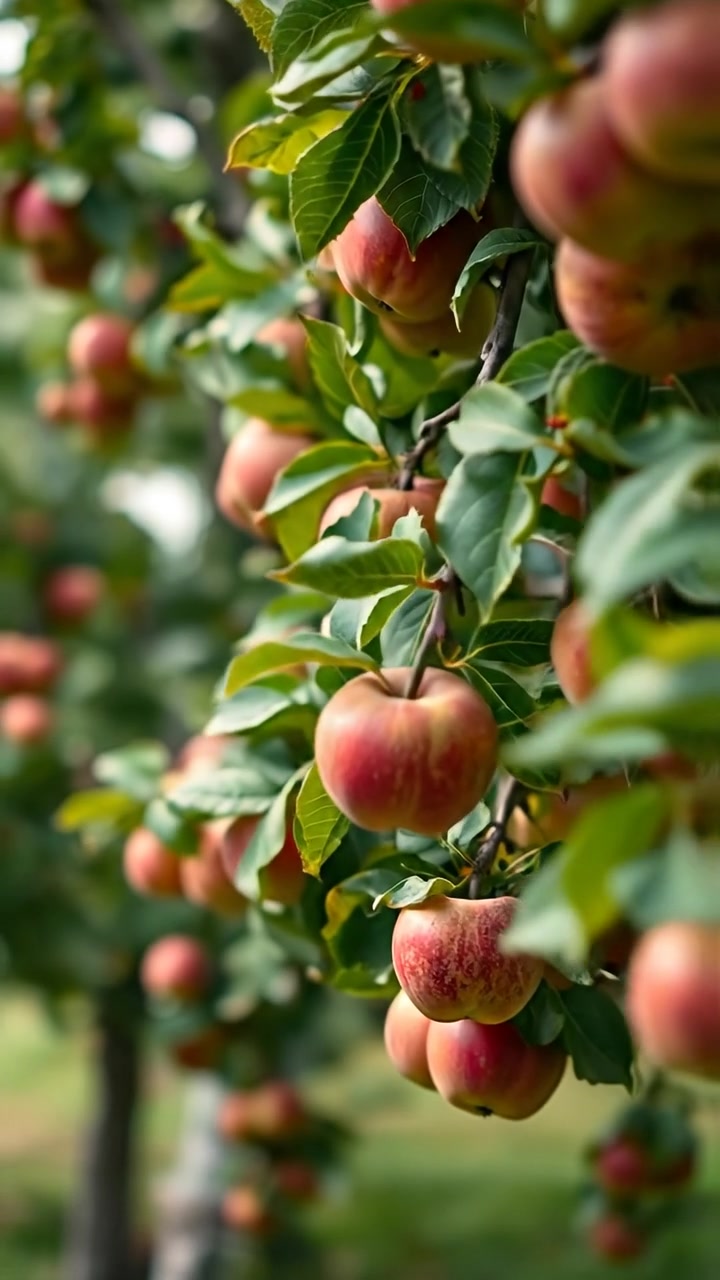 A ripe apple tree in a lush orchard, sunlight filtering through the leaves, highlighting the glossy red apples hanging from thick branches. Shot in natural light with high detail and smooth camera motion, a gentle breeze sways the branches. The background features a serene sky with soft clouds, accompanied by the sound of gentle rustling leaves and distant bird calls.