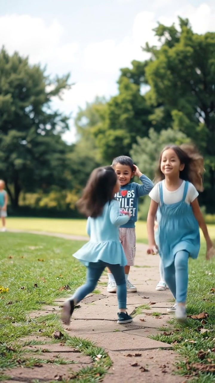 A serene afternoon in the park with children laughing and playing, bathed in warm natural light, captured with high detail and smooth camera movement. The scene features lush greenery and colorful playground equipment, with soft shadows. The background audio includes cheerful children's laughter and birdsong.