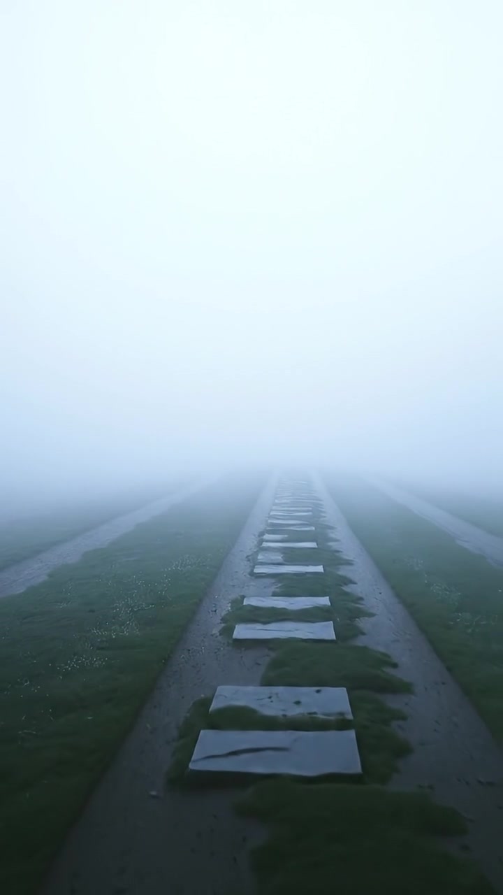 A mysterious path leading through thick fog in Serenity, with soft, diffused natural lighting, high detail, and smooth camera movement emphasizing depth and intrigue. The scene evokes a calm yet enigmatic atmosphere, complemented by gentle ambient sounds of whispering wind and distant echoes.