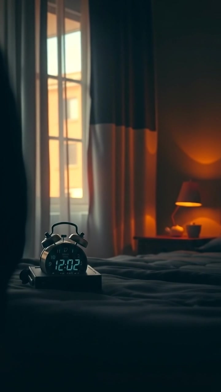 A dimly lit bedroom illuminated by soft morning light streaming through curtains, with a digital alarm clock on the bedside table. The scene features warm tones, gentle shadows, and smooth camera movement capturing the quiet intimacy of early morning. The audio features gentle bird chirping outside.