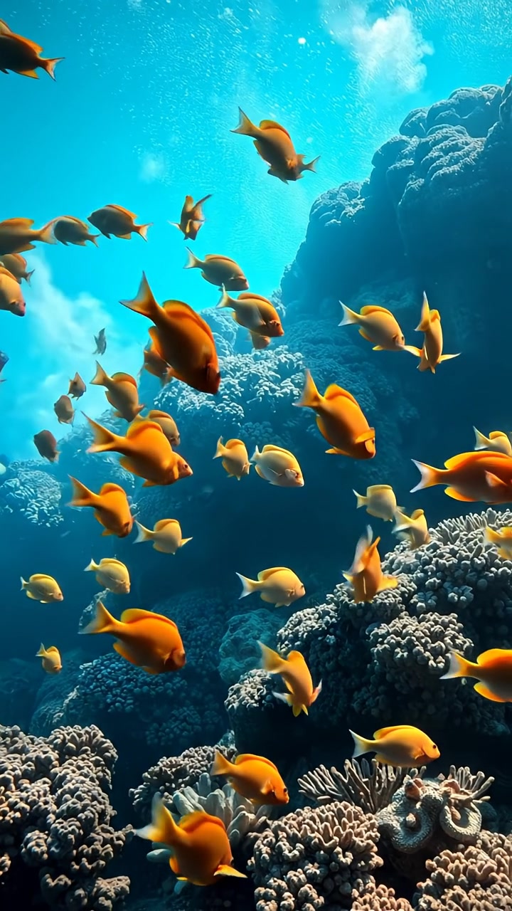 A vibrant underwater scene featuring schools of colorful fish weaving through intricate coral reefs, illuminated by soft natural light filtering from above, with high detail and smooth camera movement capturing the lively aquatic environment. The background audio features gentle ocean waves in the background.
