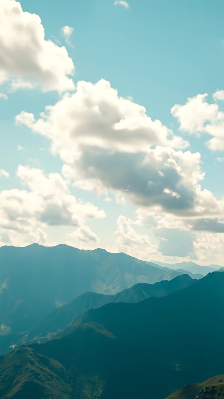 A vast landscape featuring majestic mountains under a sky filled with soft clouds, captured in natural lighting with high detail, gentle camera movement that follows the terrain. The background sounds of distant wind and bird calls enhance the serene atmosphere.