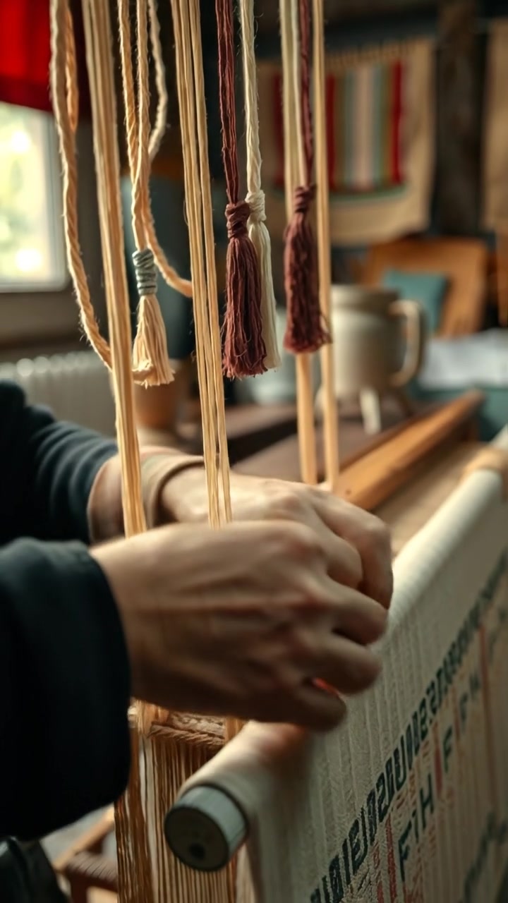 A close-up of skilled hands meticulously crafting intricate textiles in a warm, softly lit workshop, highlighting fine details and textures with gentle camera movement. The scene exudes craftsmanship and focus, with natural lighting enhancing the craftsmanship. The background audio features the soft sounds of weaving and ambient workshop noise.