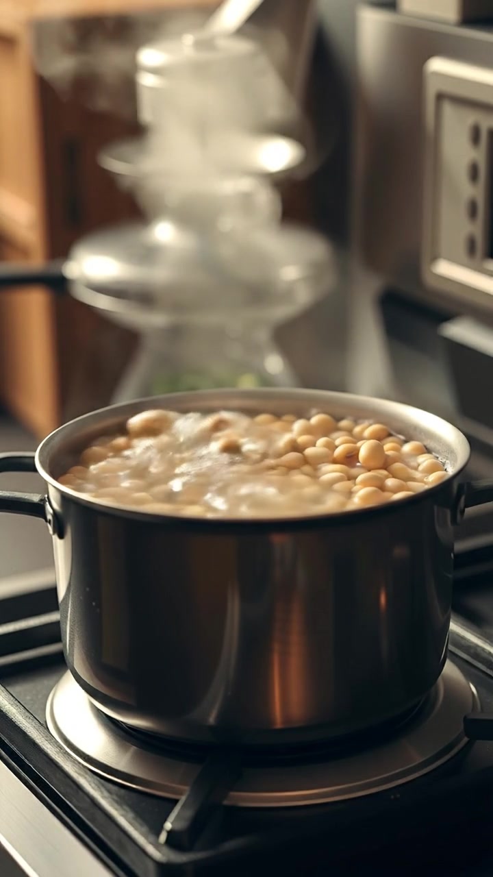 A close-up of a pot on a stove with boiling soybeans, steam billowing upward in soft, natural light, capturing high detail and smooth camera motion that emphasizes the bubbling liquid and delicate steam. The background features a cozy kitchen setting with warm tones and subtle shadows. The audio features gentle simmering sounds and steam hissing.