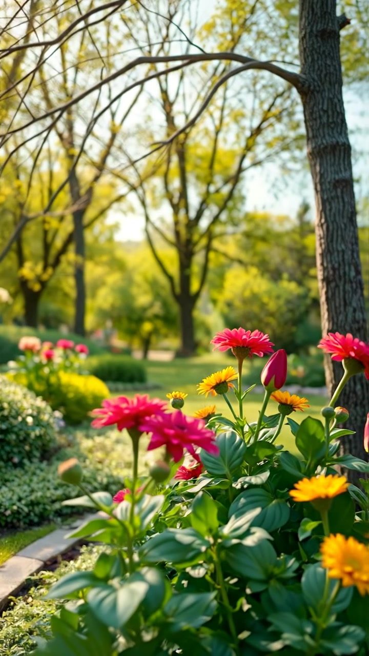 A tranquil garden scene with lush trees and blooming flowers, bathed in soft natural sunlight, captured with high detail and gentle camera movements that emphasize harmony and serenity. The background features a calm breeze gently swaying the foliage. The audio features gentle bird songs and rustling leaves.