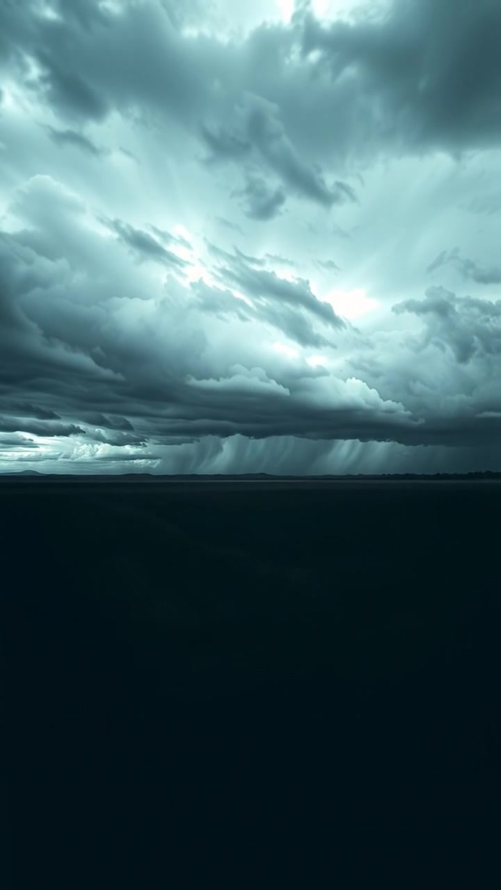 A dark, ominous landscape with swirling stormy clouds over a vast, empty field, captured in dramatic natural lighting with high detail and smooth camera movement, evoking tension and uncertainty. The background audio features distant thunder and wind.