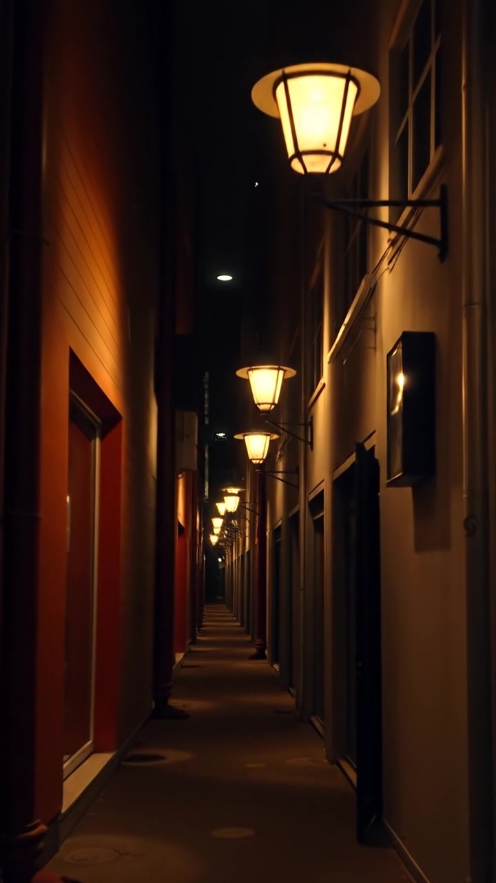 A dark alley illuminated by flickering street lights, shadows cast unevenly across damp cobblestones, with no people in sight. The scene features moody, subdued lighting, a slow dolly shot emphasizing solitude, and a slightly overcast sky. The background echoes with distant city sounds.
