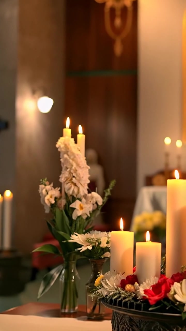 An inviting altar adorned with glowing candles and fresh flowers, emanating warm tones and soft shadows, under natural lighting. Smooth camera movements slowly reveal the peaceful setting symbolizing prayer and unity among believers, with a serene background. The audio features gentle ambient sounds of a community prayer gathering.