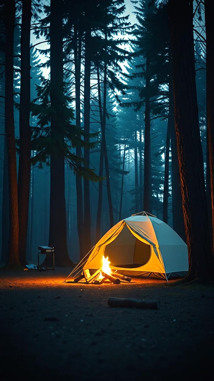 A peaceful campsite nestled in a lush forest, featuring a cozy tent and a glowing campfire, with towering trees surrounding the scene. The shot includes soft natural lighting, high detail, and smooth camera movement, capturing the tranquility of nature. The background audio features gentle forest sounds.