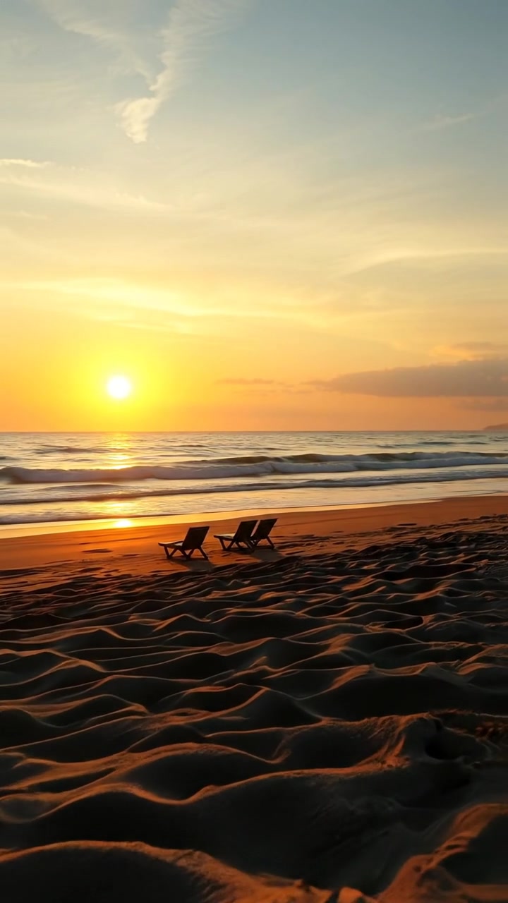 A picturesque sunset over a tranquil beach, warm tones illuminating the shoreline with gentle waves, soft shadows, and a serene horizon. Smooth camera drift captures the expansive sky and shimmering water, evoking hope and renewal. The background features the calming sound of ocean waves.