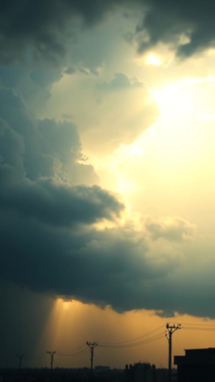 A dramatic scene of storm clouds parting to reveal a radiant burst of sunlight, with natural lighting highlighting the contrast between dark and light, smooth camera movement showing a wide sky view, conveying hope and renewal, with soft ambient sounds of wind and gentle weather.