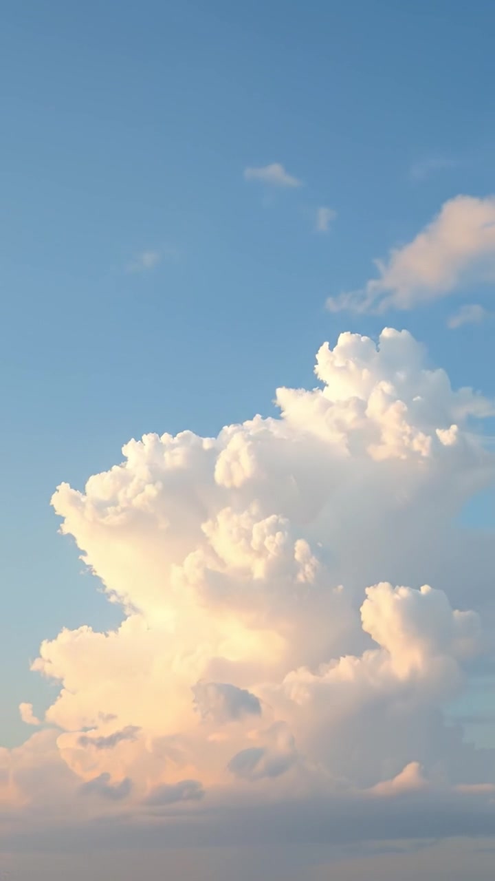 A tranquil sky with a few fluffy clouds, captured with natural lighting and high detail, showcasing smooth camera motion that emphasizes calmness before a storm. The background features a gentle breeze and soft shadows, creating a peaceful yet anticipatory atmosphere. The audio features ocean waves in the background.