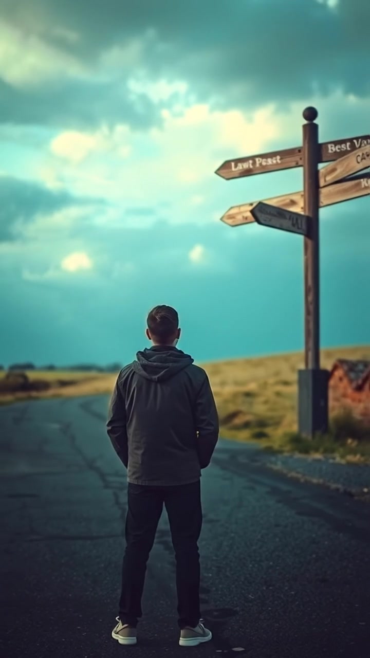 A person standing at a crossroads, looking at a signpost with multiple paths, illuminated by soft natural daylight, high detail, smooth camera movement, capturing the contemplative moment with warm tones and subtle shadows; the background features an open landscape with distant trees, and gentle wind is evident. The audio features ambient nature sounds.