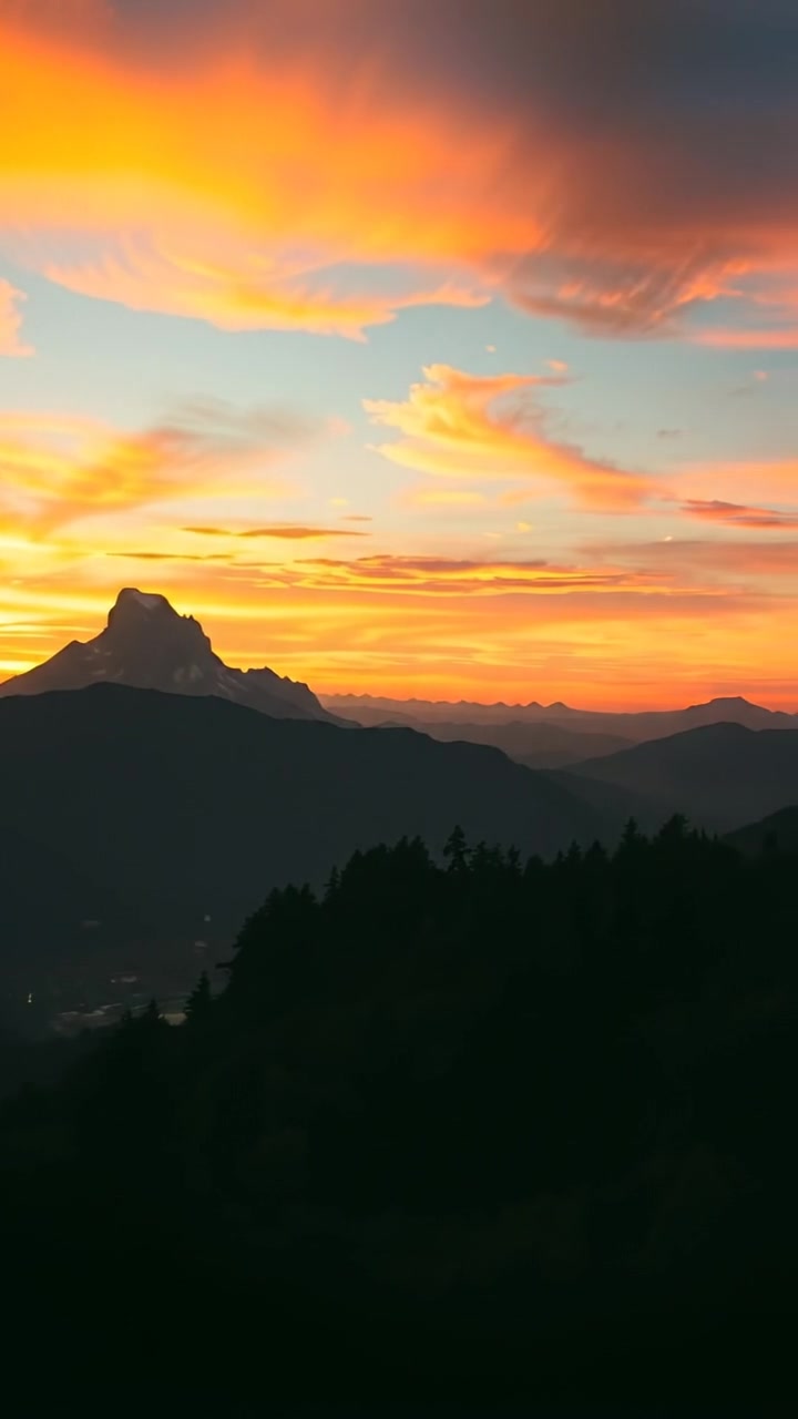 A breathtaking mountain view with a vivid sunset in the background, captured with warm tones and soft shadows, featuring smooth camera panning that highlights the majestic peaks and vibrant sky, accompanied by the soothing sounds of distant sunset breezes and gentle mountain winds.