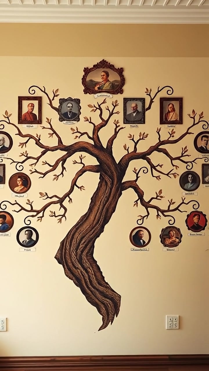 An ancestral family tree displayed on a textured wall, richly detailed with vintage portraits and ornate script. The scene features warm ambient lighting, highlighting the intricate carvings with a gentle, slow dolly shot. The background audio features soft, classical music.