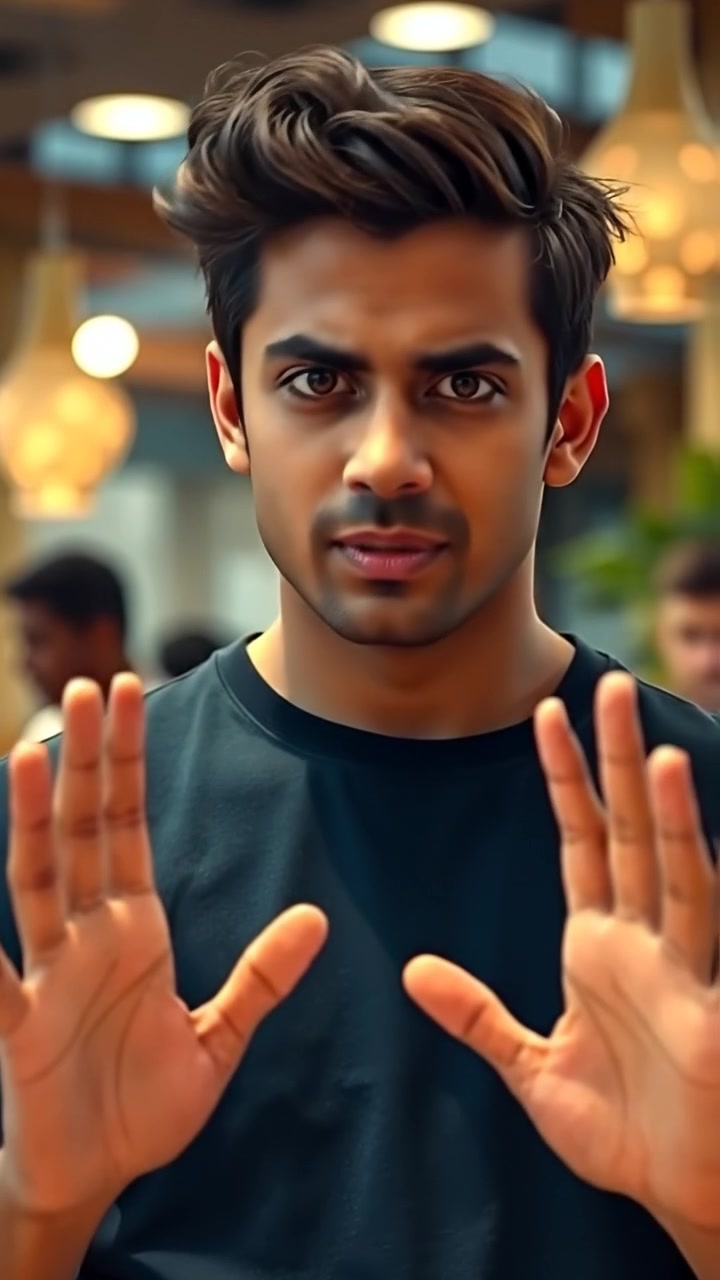 Arjun with a serious expression, gesturing emphatically with his hands in a well-lit, high-detail scene, captured with a smooth camera zoom-in. The background is minimally blurred, emphasizing his intense focus. The scene is illuminated by natural lighting, creating soft shadows. The audio features subtle ambient sounds.