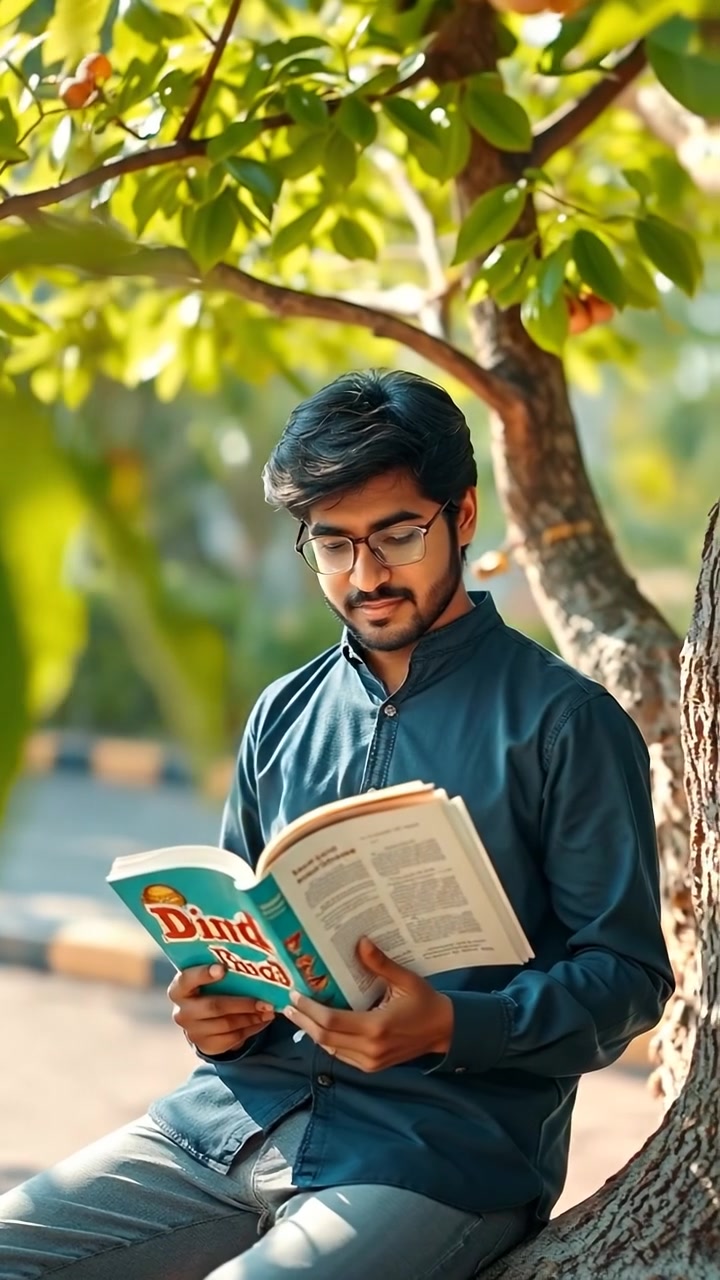 Ravi reading a book under a lush green tree on a bright sunny day, captured with natural lighting, high detail, slow camera zoom-in, soft shadows, and a tranquil countryside background. The audio features gentle rustling of leaves and distant bird calls.