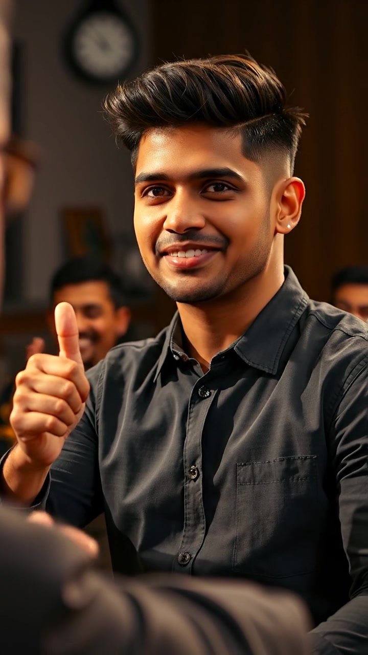 Arjun proudly gesturing with a satisfied smile, emphasizing his punchline to an attentive audience under warm, natural lighting. The scene features smooth camera motion, high detail, and soft background shadows, capturing his confident expression. The audio features gentle audience applause in the background.