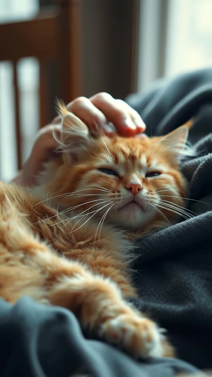 A fluffy cat nestled peacefully beside a smiling person, both exuding calm and happiness in a cozy indoor setting, bathed in warm natural light with soft shadows, gentle camera movement capturing intimacy, and a serene ambient soundtrack of soft music.