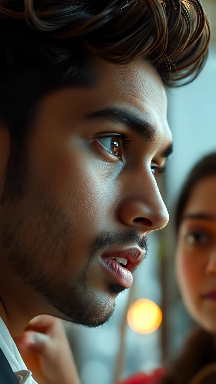 Close-up of Arjun's face revealing a moment of realization, his soft, contemplative eyes gazing toward The Girl, with warm natural lighting, high detail, smooth camera focus, subtle depth of field, conveying introspection and emotional depth. The background features a softly blurred outdoor setting with gentle ambient sounds.
