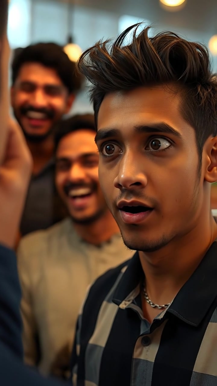 Arjun with a surprised look reacting to a joke shared among friends, set in warm ambient lighting with soft shadows, captured in a smooth dolly shot that emphasizes his expressive facial features. The background is lively with friends smiling and laughing, evoking a joyful atmosphere. The audio features gentle chatter and laughter in the background.