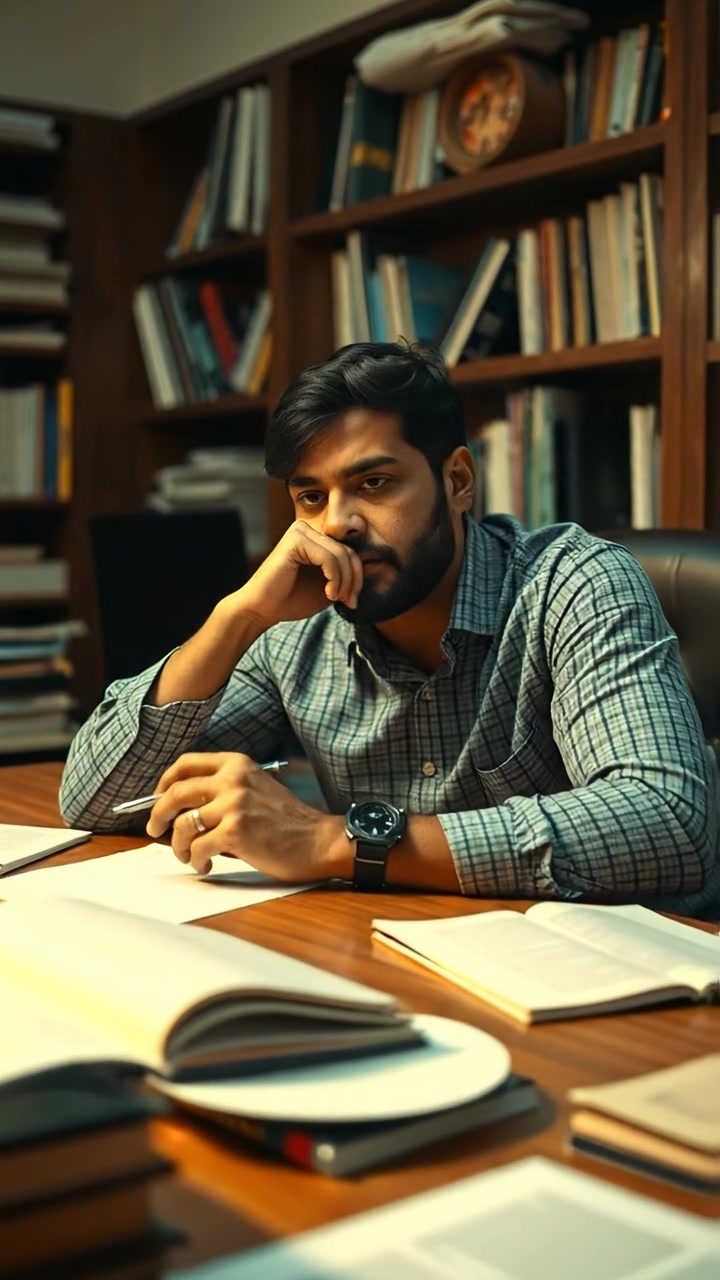 Manoj sitting at a cluttered desk amid stacks of books and scattered papers, deep in thought with a contemplative expression. Natural warm lighting highlights intricate details, camera slowly zooms in with smooth motion, creating an intimate atmosphere. The background features a cozy study setting with soft shadows. The audio features a gentle background hum of a quiet room.