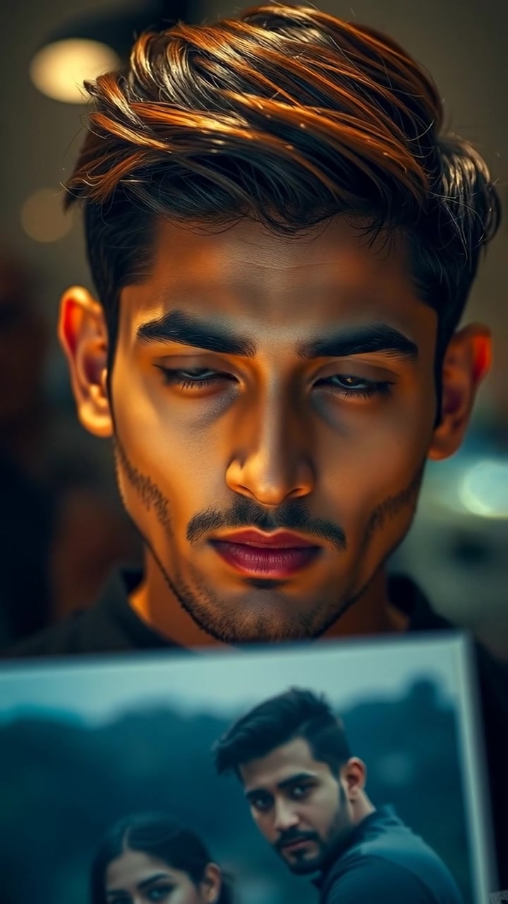 Arjun, gazing intently at a photograph with a look of recognition, captured in soft, natural lighting. The scene features a close-up shot with high detail, smooth camera focus, emphasizing his emotional connection. Background sounds of subtle ambient city noise enhance the mood.