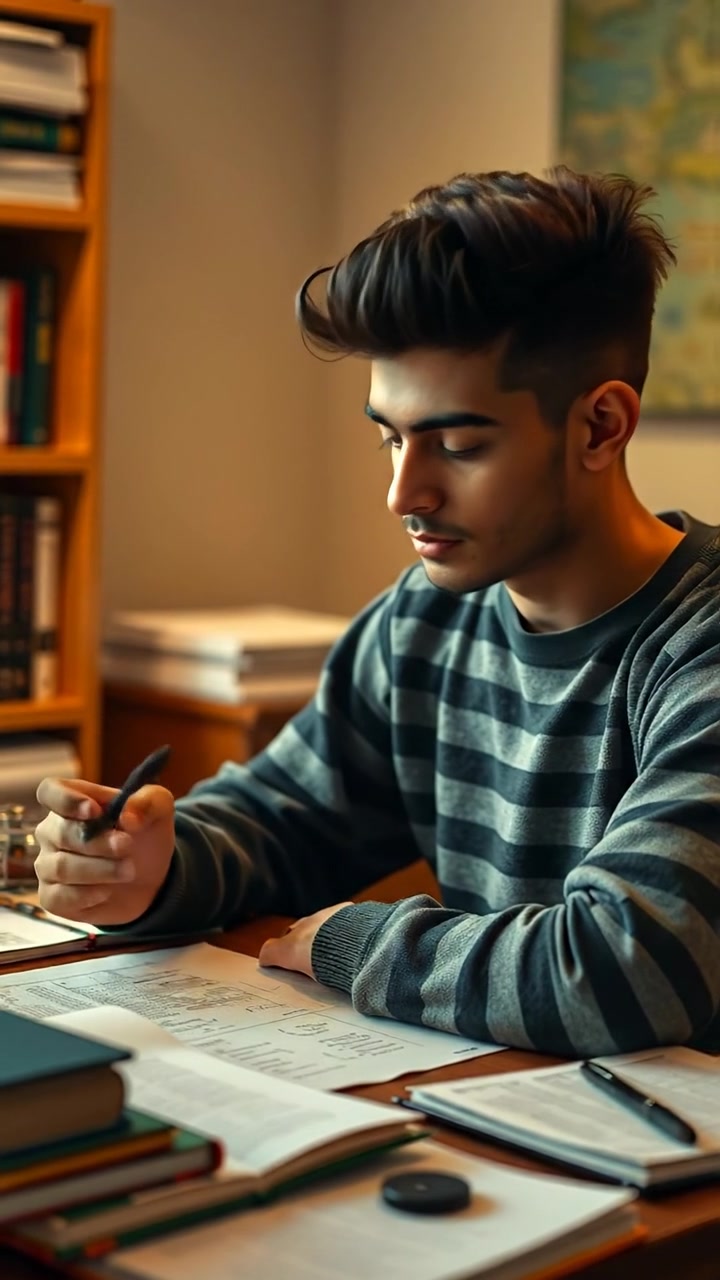 Arjun sitting at a cluttered desk surrounded by open books, deeply absorbed in solving a problem on paper. Natural lighting casts soft shadows, with a focus on high detail and smooth camera motion, capturing an intimate, studious atmosphere. The background features a cozy room with warm tones. The audio features ambient quiet with gentle pen sounds.