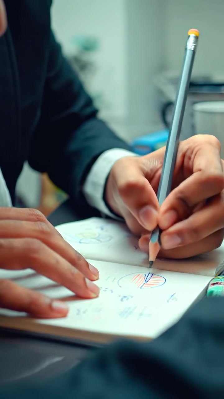 A close-up of Arjun's hands rapidly sketching ideas on a notepad under soft, natural lighting, capturing fine detail and smooth camera movement that emphasizes the swift motion of his pencil strokes, with a blurred background of a cozy workspace. The audio features gentle scratching of pencil on paper.