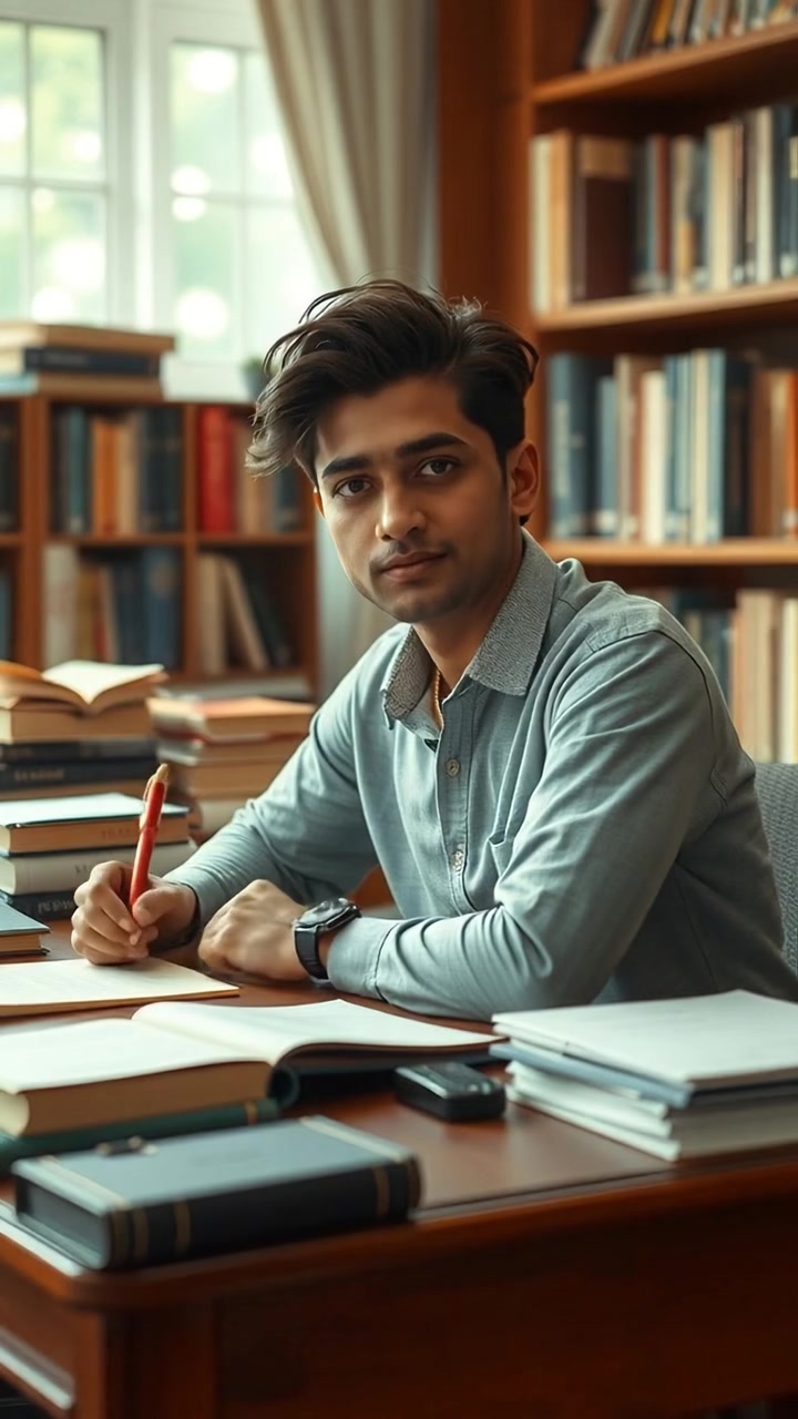 Arjun sitting at a rustic wooden desk, engrossed in writing a short story amid an inviting clutter of books and papers. Natural warm lighting bathes the scene, with a close-up shot showing detailed pen strokes and textured paper. Soft ambient sounds of a quiet study fill the background.