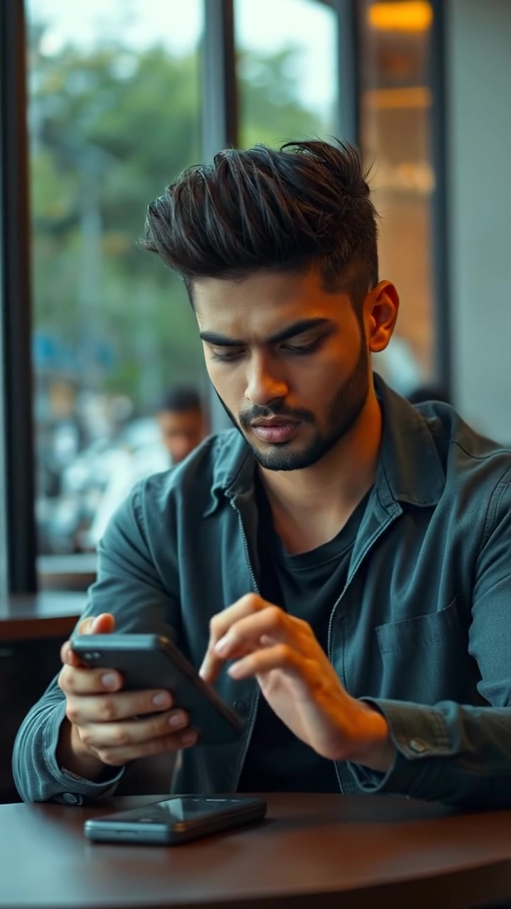 A young man named Arjun, with a concerned expression, types on his phone while seated at a cozy café table. The scene is illuminated with soft, warm natural light, capturing smooth camera motion and detailed textures. Background music features subtle café ambiance and gentle background chatter.
