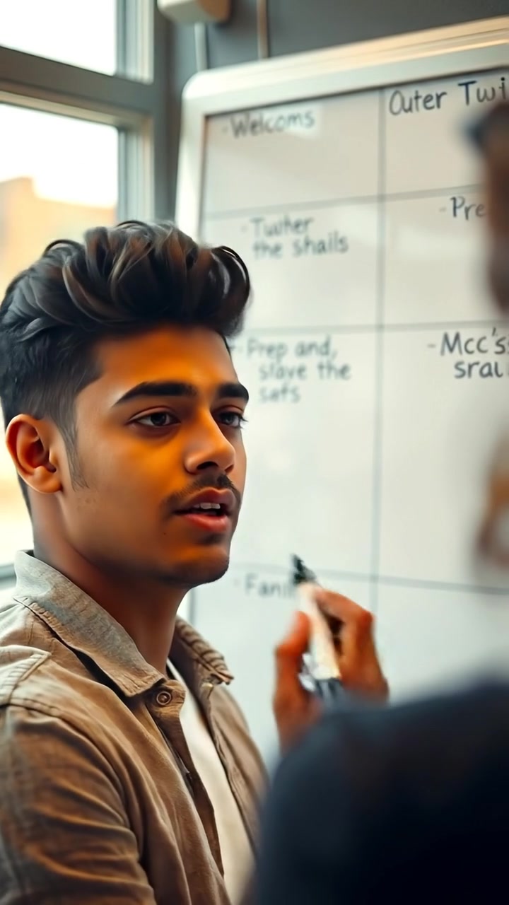 Arjun with a thoughtful expression, mapping out his emotions on a whiteboard, bathed in natural soft light with high detail and smooth camera movement, close-up shot emphasizing facial expression and the whiteboard details, warm tones and gentle shadows, background of a modern office setting. The audio features ambient workplace sounds in the background.