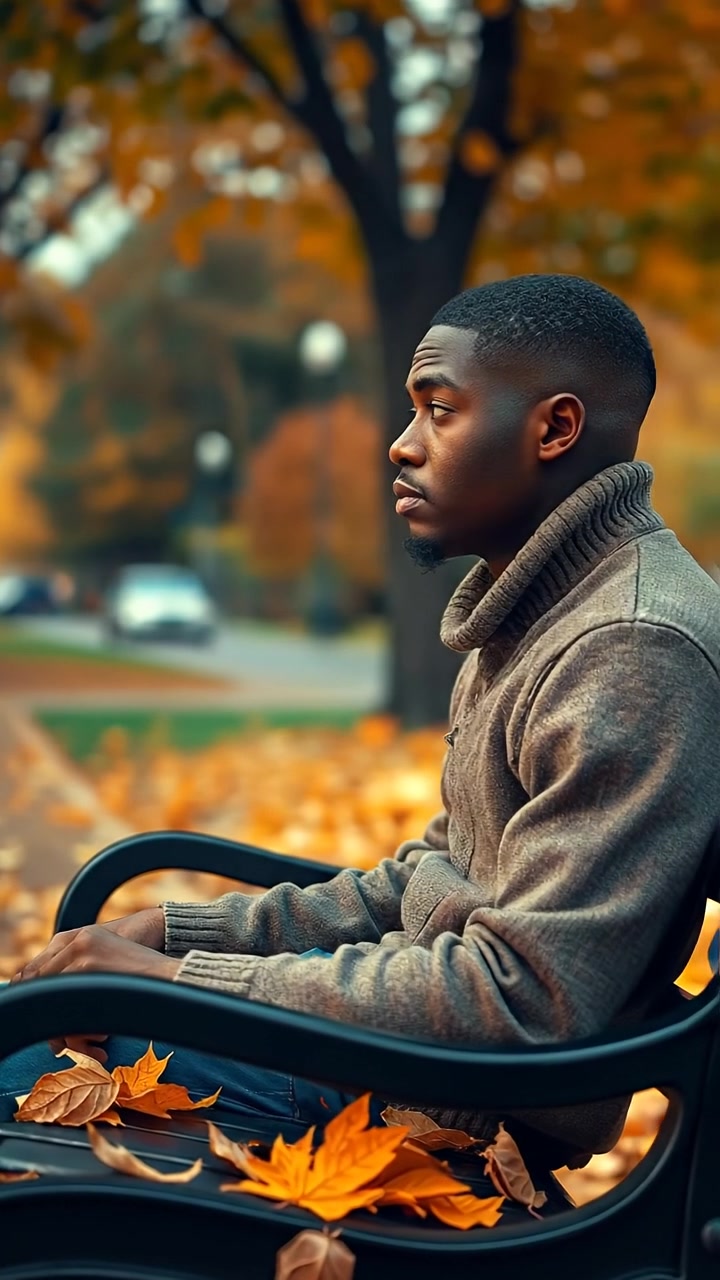 Isaiah sitting alone on a park bench amidst vibrant autumn leaves, captured in warm natural lighting with soft shadows, using a smooth dolly camera movement for added depth. The background features a serene park scene with colorful trees. The audio features gentle rustling of leaves.