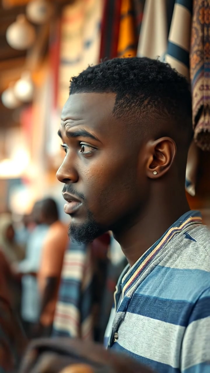 Isaiah examining colorful fabrics with an uncertain expression in a bustling market, captured in natural lighting with high detail and smooth camera movement, showcasing vibrant textiles and lively atmosphere. The background features market stalls and shoppers, accompanied by ambient sounds of market chatter and distant footsteps.