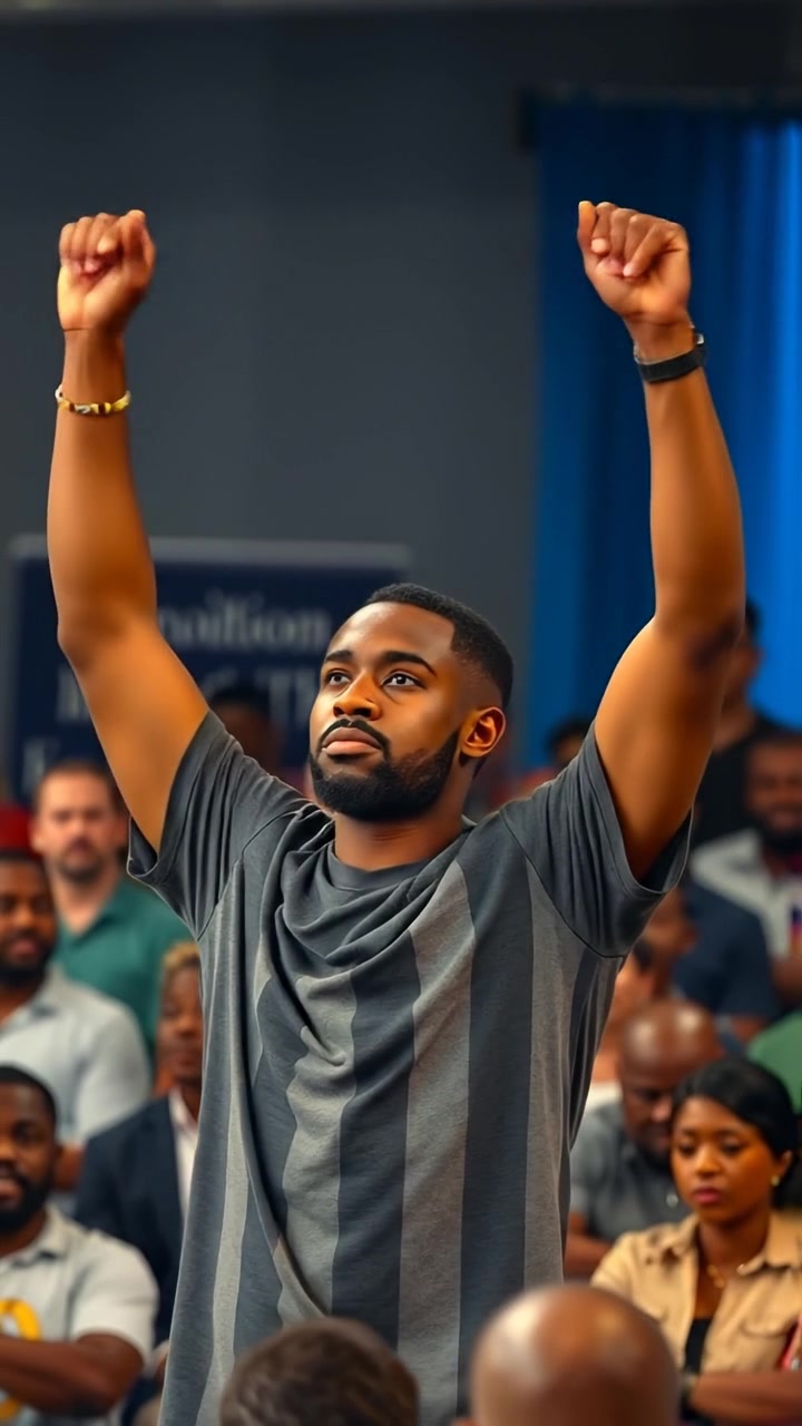 Isaiah standing confidently in front of a large, attentive crowd, arms raised in an inspiring gesture. Shot with natural lighting, smooth camera movement, and high detail, capturing the intensity and energy of the moment. The background features a vibrant outdoor setting with a clear sky. The audio features uplifting orchestral music.