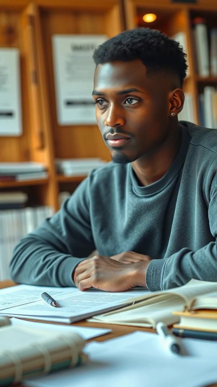 Isaiah sitting at a wooden desk surrounded by papers and books in a well-lit study room. Captured with a smooth dollied camera shot, emphasizing his thoughtful expression and focused gaze. Natural warm lighting creates soft shadows for a cozy atmosphere. The background features a neat bookshelf, with ambient quietness and subtle background music.