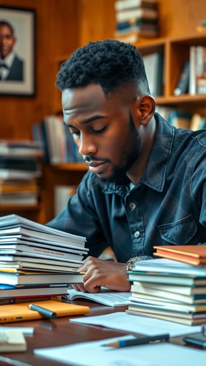 Isaiah intensely studying at a rustic wooden desk cluttered with books and papers, his face showing deep concentration, illuminated by warm natural light, with a soft-focus background. The scene features a gentle camera dolly movement, emphasizing his focus, accompanied by ambient quiet with subtle page-turning sounds.