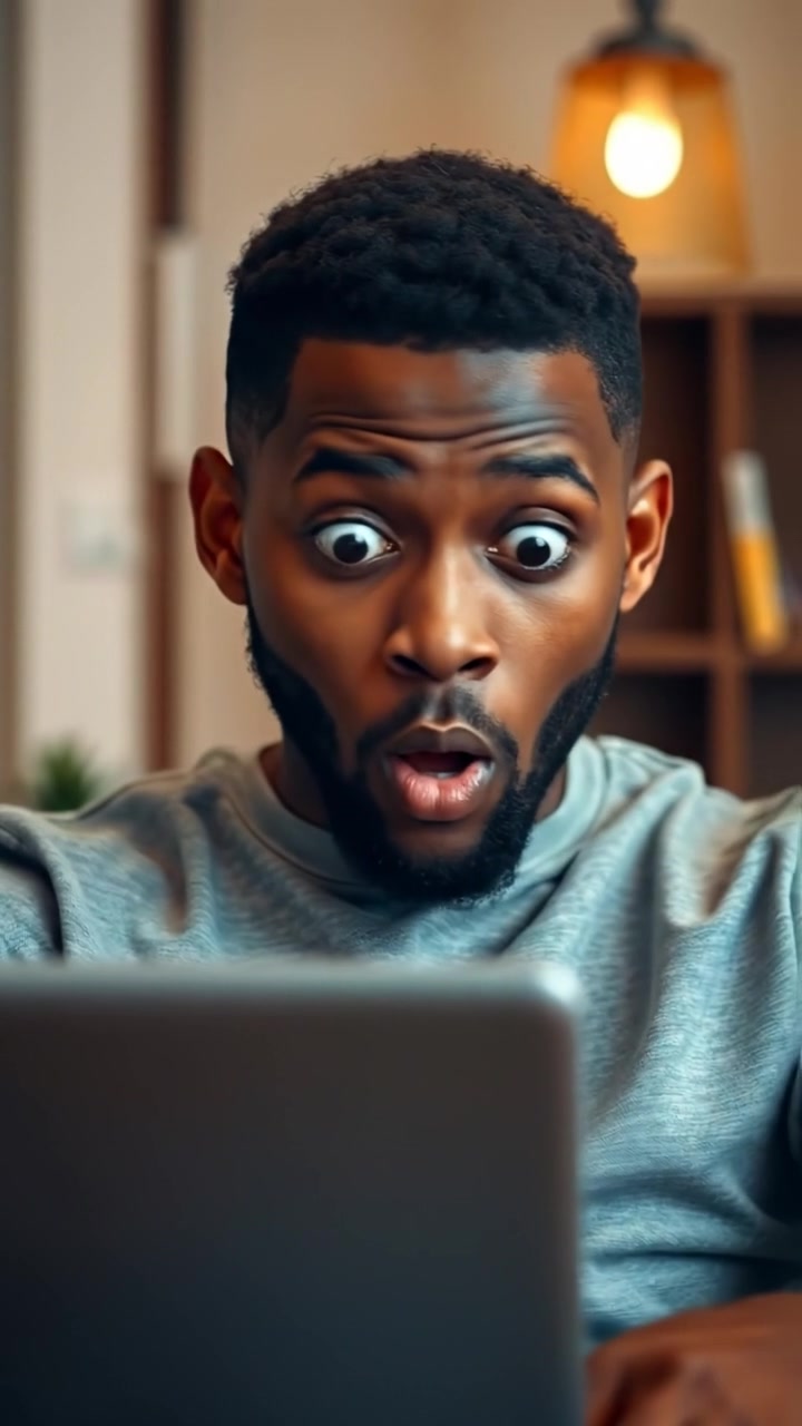 Isaiah browsing his laptop with a surprised expression, illuminated by soft natural light, high detail, smooth camera zoom-in to capture his reaction, set against a modern workspace with subtle ambient tones. The background features a blurred bookshelf and desk. The audio features subtle keyboard typing and a gentle ambient hum.