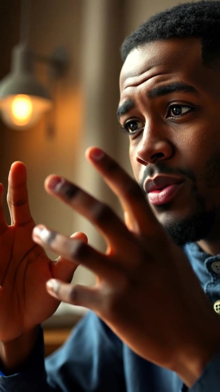 Close-up of Isaiah's hands gesturing passionately as he begins to explain his side of the story, shot with smooth camera movement and warm, natural lighting to emphasize emotion, with a softly blurred background and gentle focus on his hands. The audio features ambient background sounds.