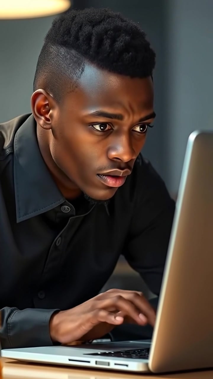 Isaiah, leaning closer to a modern laptop with a curious and puzzled expression, in a softly lit room with warm tones and gentle shadows. The scene captures a smooth camera dolly-in motion, highlighting his focused face and the glowing screen. The background features a cozy, cluttered workspace. The audio features subtle keyboard clicking sounds.